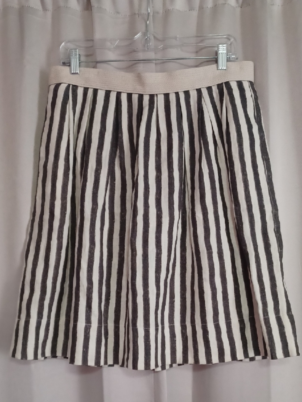 LOFT Linen Cream Charcoal Striped Midi Skirt, Pockets, Nautical Travel Preppy